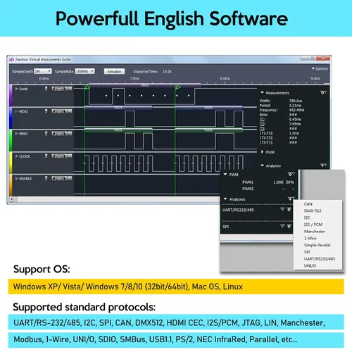 Vista 3 de Analizador Lógico USB LA2016 16 Canales 200MHz 1G Memoria con Software PC en Inglés Portátil de Alta Velocidad Soporta I2C SPI CAN UART para Windows