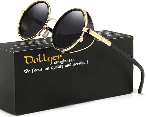 Vista 6 de Dollger Steampunk - Gafas de sol redondas retro vintage con marco circular de metal, Negro