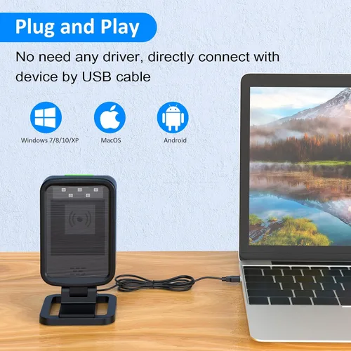 Vista 2 de 1D/2D automático omnidireccional de escritorio con cable USB lector de código de barras, Plug and Play, escáner de código de barras manos libres