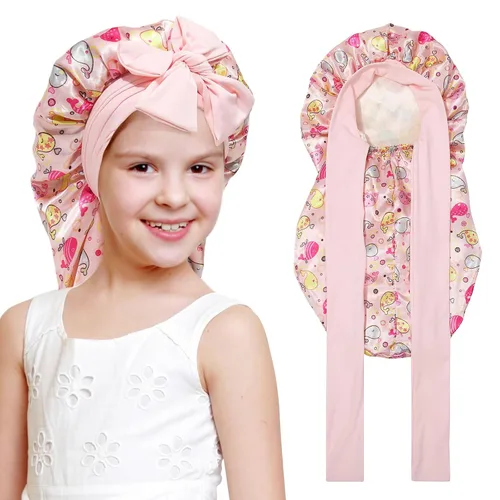 Vista 12 de Gorro de pelo largo para niños para dormir - Gorro de satén elástico de doble capa para niñas con banda de amarre para cabello trenzado y rizado