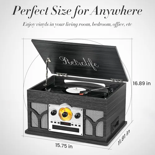 Vista 7 de Tocadiscos 10 en 1 con altavoces incorporados, reproducción inalámbrica, reproductor de CD y cassette, reproductor USB, radio AM/FM, tocadiscos de 3