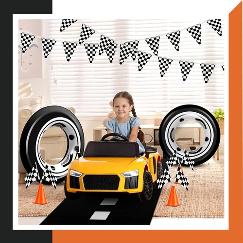 Vista 5 de Suministros de cumpleaños para fiesta de autos de carreras, tapete para correr de pista de carreras, mantel de carreras, pancarta a cuadros, 12