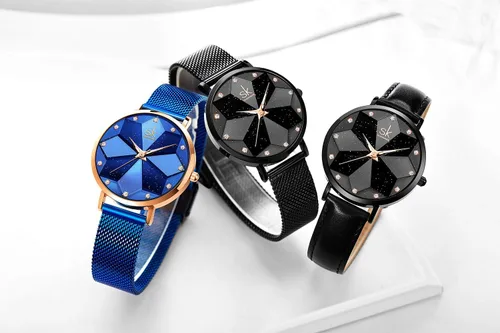 Vista 7 de SK Shengke - Reloj ultra delgado de creativo diseño minimalista, floral o de cielo estrellado con extensibles de piel genuina o acero
