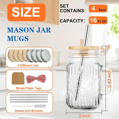 Vista 2 de Magicsky Glass Mason Jar Drinking Cups with Handles Iced Coffee Mugs 16 oz