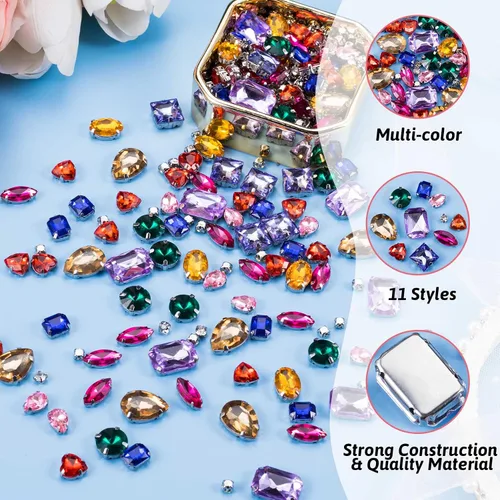 Vista 3 de PAGOW 440 piezas de diamantes de imitación para coser, 11 formas mixtas de diamantes de imitación de cristal con parte trasera plana para coser
