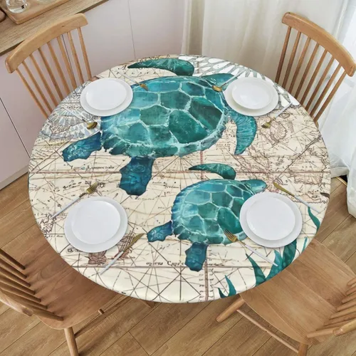 Vista 16 de Fiokroo Mantel de Flores de Crisantemo Azul, Amarillo y Azul Marino con Borde Elástico, Mantel Redondo Lavable y Reutilizable Cubierta de Mesa