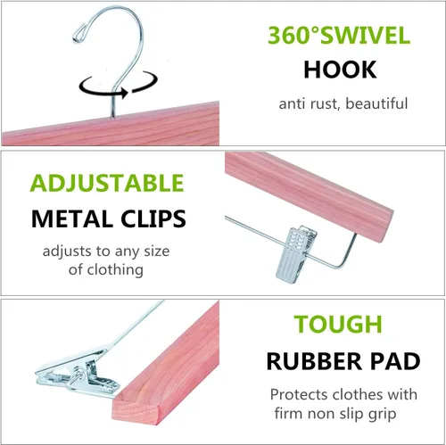 Vista 3 de Amber Home Paquete de 12 perchas para pantalones de madera de cedro rojo americano, perchas de madera de cedro natural con 2 clips ajustables
