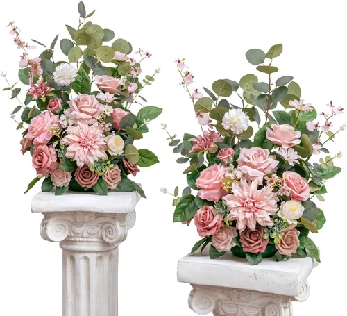 Vista 16 de TINGE TIME Juego de 2 flores artificiales de pie, centro de mesa con almohadilla de goma, flor falsa de seda para centro de mesa de boda, arco