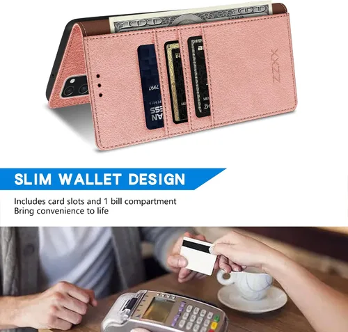 Vista 5 de ZZXX Funda tipo cartera para Samsung Galaxy S20 FE con bloqueo RFID, ranura para tarjetas, función atril, cierre magnético, funda protectora