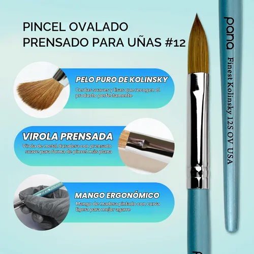 Vista 3 de Cepillo Pana USA para de uñas de acrílico, puro Kolinsky de pelo ovalado, forma prensada Verde azulado