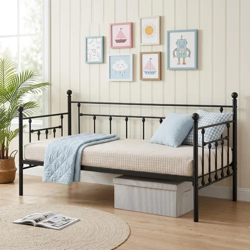 Vista 14 de VECELO - Marco de sofá cama de tamaño individual con soporte de listones de acero, cabecero, plataforma de cama para sala de estar, habitación