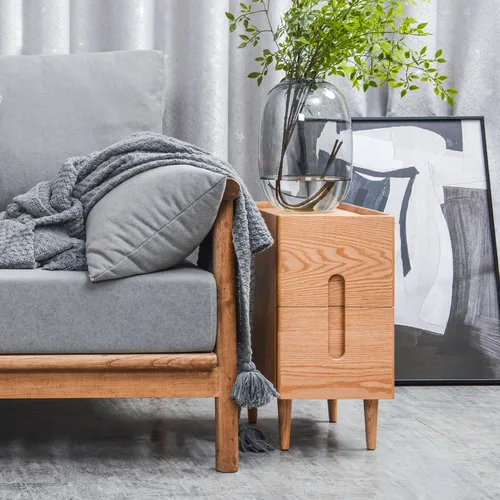Vista 7 de Mesita de noche moderna de mediados de siglo, mesita de noche estrecha, mesa auxiliar minimalista para dormitorio, mesas de noche de 2 cajones