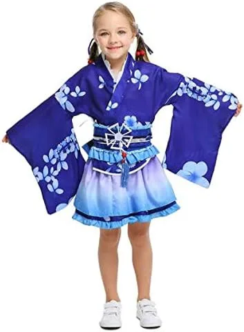 Vista 3 de Disfraz de anime para niños y niñas japonesas Lolita Kimono vintage original tradición Yukata vestido de Halloween azul L 51-55 pulgadas