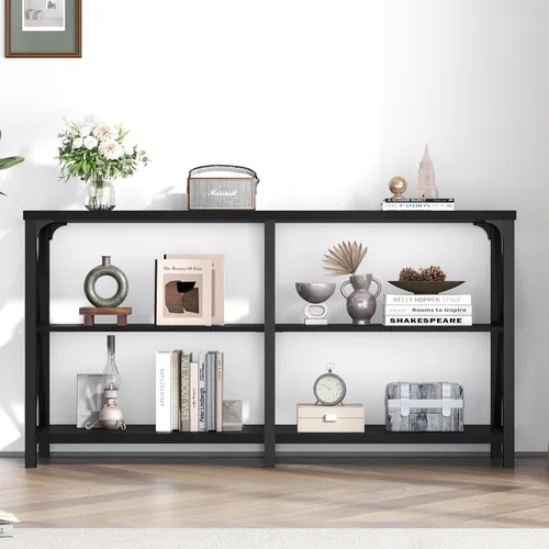 Vista 6 de LVB Mesa Consola Negra, Mesa de Entrada Moderna con 3 Niveles de Estantes de Almacenamiento, Mesa de Sofá Industrial Detrás del Sofá para Sala