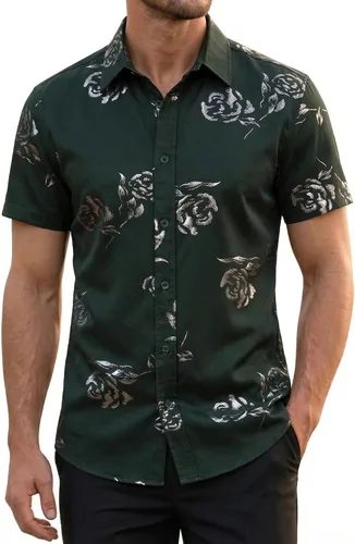 Vista 22 de ZEROYAA - Camisas de vestir de manga corta con estampado de rosa dorada para hombre, estilo hipster, calce ajustado, con botones