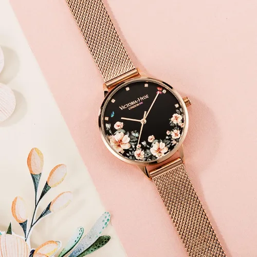 Vista 5 de VICTORIA HYDE Relojes de cuarzo para mujer, esfera floral con correa de malla de acero inoxidable, correa de cuero auténtico, impermeable, reloj
