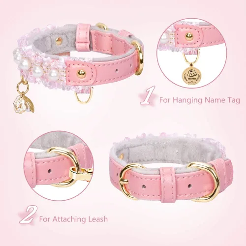 Vista 9 de Collar Premium de Cuero PU para Gato y Perro con Colgante de Concha - Ajustable, Perla Linda, Encaje Hermoso, Rosa Pequeña