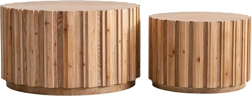 Vista 5 de WILLIAMPSACE - Juego de 2 mesas auxiliares redondas anidables, mesas centrales de madera rústica con cuerpo de listones verticales, mesa de té