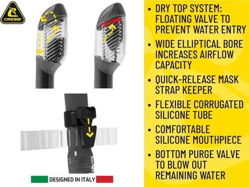 Vista 3 de Cressi Esnórquel seco para adultos, snorkel sin preocuparse por el agua - Tao Dry: diseñado en Italia