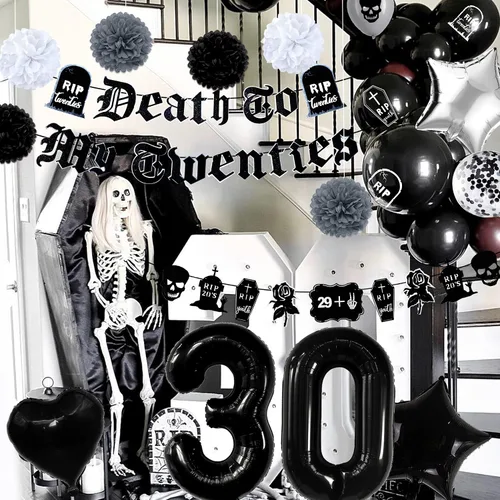Vista 5 de Paquete de decoraciones para el 30 cumpleaños, suministros para la fiesta "Death to My 20s" que incluyen pancarta de cumpleaños, fajín "Rip to My