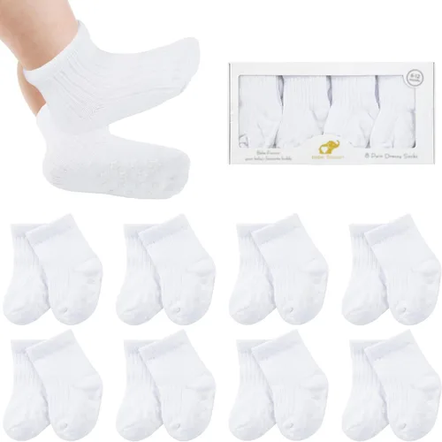 Vista 7 de 8 pares de calcetines de bebé con empuñaduras de algodón antideslizantes calcetines de caminar bonitos regalos para recién nacidos, niñas y niños