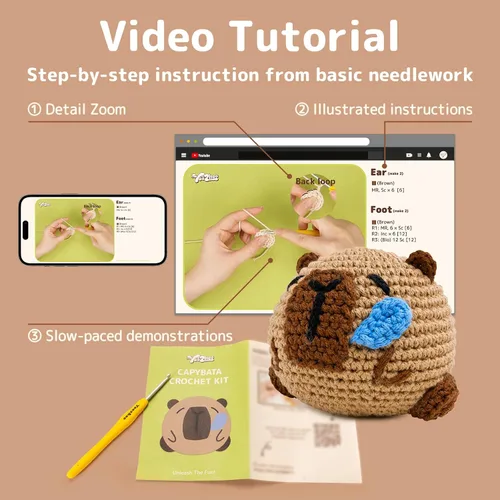 Vista 4 de Yeezhee Kit de ganchillo para principiantes, kit de animales de ganchillo con tutoriales en video paso a paso, kit de tejido para principiantes
