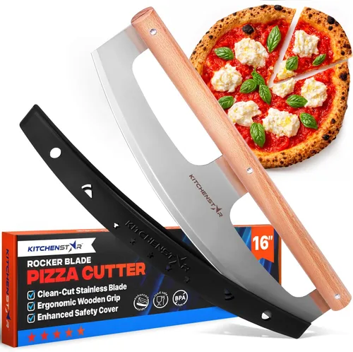 Vista 7 de KitchenStar Cuchilla de corte de pizza de 16 pulgadas, cuchillo cortador de acero inoxidable afilado, elegante mango de madera de haya, cubierta
