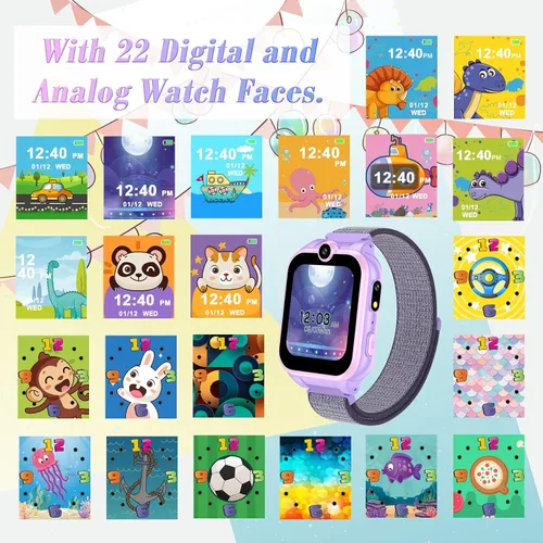 Vista 6 de Reloj inteligente para niños y niñas, regalos para niños de 4 a 10 años, doble cámara, pantalla táctil, reloj inteligente para niños con 18