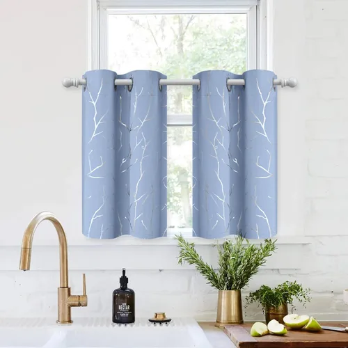 Vista 90 de BUHUA Cortinas pequeñas para ventana de 36 pulgadas de largo, 2 paneles, cortinas opacas con elegantes ramas de árbol plateadas, cortinas de bloqueo