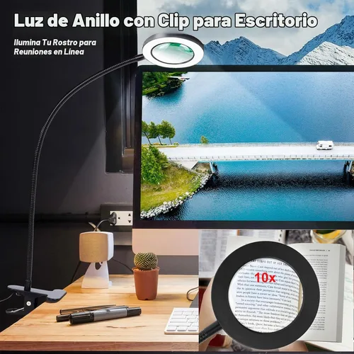 Vista 2 de Lupa de Escritorio con Luz 10x, Lupa con 3 Colores de Luz, 10 Niveles de Brillo Ajustable, Cuello de Cisne Flexible, Lámpara de Aumento