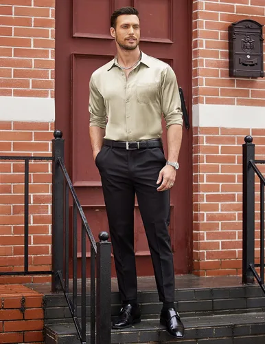 Vista 4 de COOFANDY Camisa de vestir de satén de lujo para hombre, de seda brillante, manga larga, con botones, camisa de boda, fiesta, baile de graduación