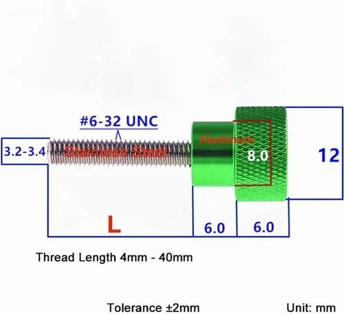 Vista 2 de Tornillo de aluminio para pulgar de paso alto UNC #6-32 de 0.472 x 0.236 in, cabeza moleteada, tornillo de apriete a mano, rosca de acero inoxidable