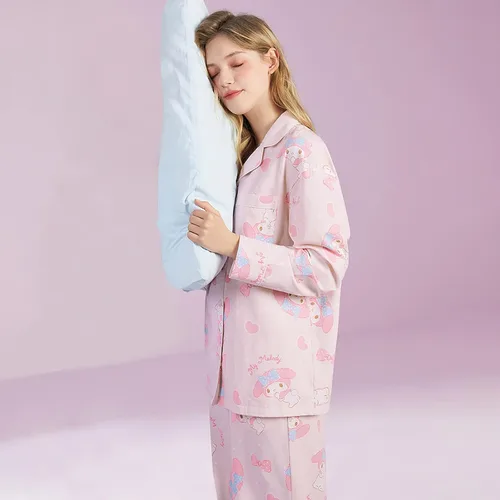 Vista 2 de Two-Piece Cute Kitten Pajamas Cartoon Pink Casual Long Sleeve Sleepwear Set Kawaii Women'S Pajamas