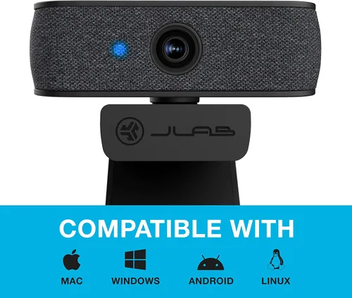 Vista 8 de JLab, JBuds Cam, cámara web USB, enfoque automático de 1080p, micrófono dual, negro con placa frontal blanca