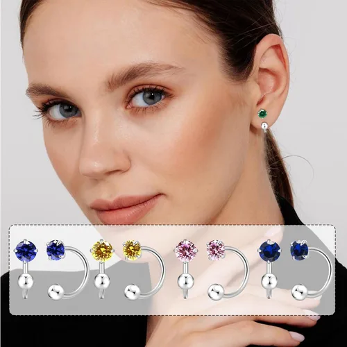 Vista 10 de Pequeños aretes de piedra natal natural de 0.118 pulgadas para mujeres, adolescentes y niñas, pequeños aretes de medio aro para cartílago