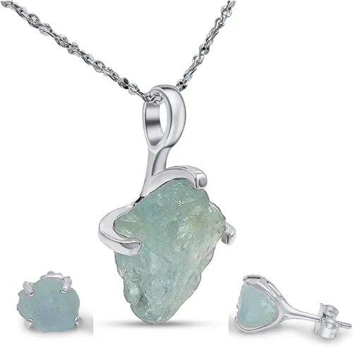 Vista 153 de Juego de joyas de piedras preciosas crudas reales con plata de ley 925 chapada en oro real, collar y aretes de piedra natal, regalo para ella por