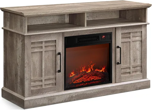 Vista 7 de BELLEZE Mueble TV, 48 pulgadas, con chimenea eléctrica funcional de 18 pulgadas, moderno, para TV de máx. 50 pulgadas, estantes abiertos y armarios