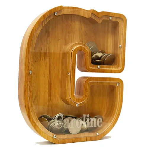 Vista 2 de Hucha Personalizada de Madera con Alfabeto - Hucha para Niños - Hucha para Niños y Niñas - Hucha de Monedas - Banco - Puede Usarse como Regalo