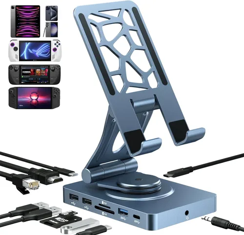 Vista 12 de Estación de acoplamiento USB C giratoria de 360° para iPad Pro, tableta, Samsung, Steam Deck, ROG Ally, Legion Go, Msi Claw, etc., 11 en 1 con Azul