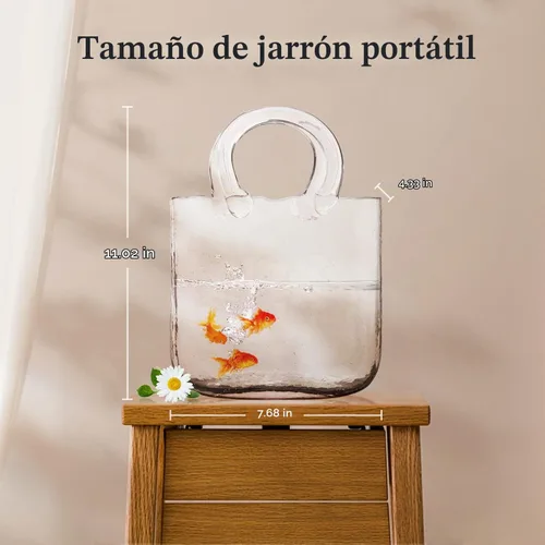 Vista 5 de Jarrones de vidrio transparente en forma de bolso, jarrones únicos de vidrio transparente con asa y diseño de burbujas, jarrones de flores de arte