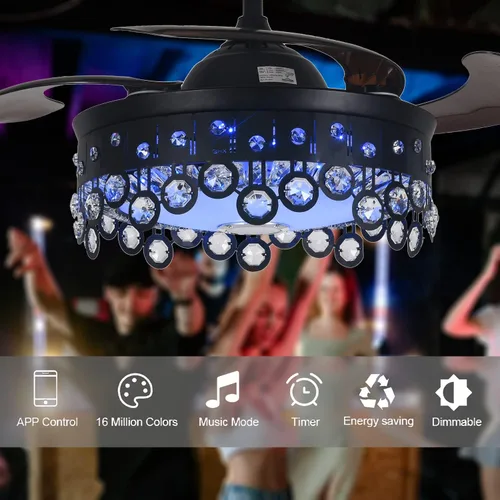 Vista 4 de Fandian Ventilador de techo retráctil con luz, moderno altavoz Bluetooth de 42 pulgadas, regulable, sintonizable, 7 colores, iluminación negra