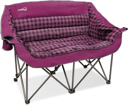 Vista 10 de Silla de campamento plegable doble totalmente acolchada, sofá de campamento de gran tamaño para 2 personas, sofá con soporte para tazas, soporte