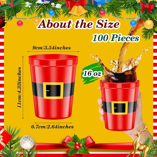 Vista 3 de Dandat 100 vasos de Navidad desechables de 16 onzas a granel de plástico reutilizables de Papá Noel, tazas de estadio de Navidad para vacaciones