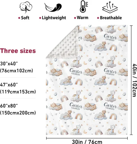 Vista 2 de Manta de bebé de doble capa con nombre personalizado, manta de ropa de cama para niños pequeños con bonito estampado personalizado, multiusos