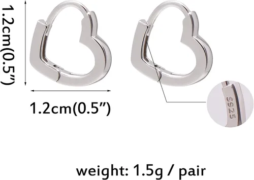 Vista 6 de 925 Sterling Silver Small Huggie Hoop Earrings Heart Shaped, White Gold Plated