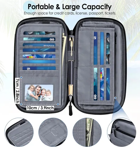 Vista 3 de BKNOOU Soporte para pasaporte familiar, organizador de documentos de viaje con correa cruzada para muñeca, cartera impermeable para pasaporte