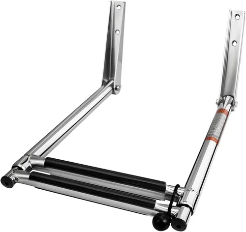 Vista 3 de Young Marine Escalera telescópica y plegable de acero inoxidable para barco con estribo de plástico blanco, montaje sobre plataforma