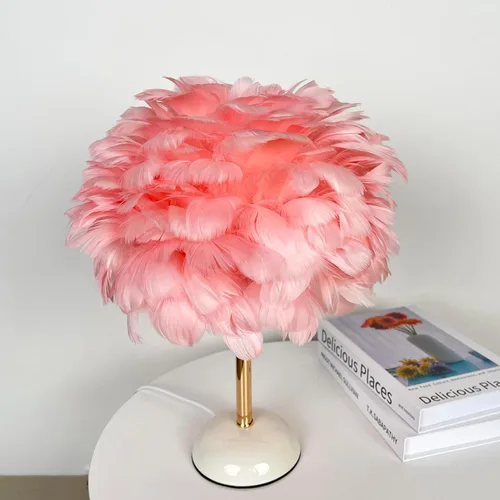Vista 2 de Meefad Lámpara de noche de plumas, luz nocturna LED moderna con base de cerámica, lámpara de mesa rosa para dormitorio