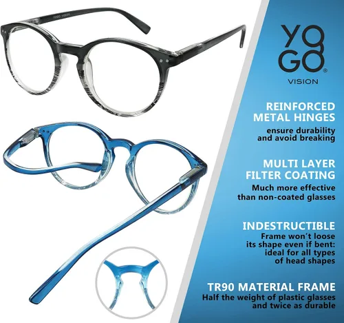 Vista 4 de Yogo Vision Reading Glasses for Women Men Blue Light Blocking Reading Glasses Round Readers