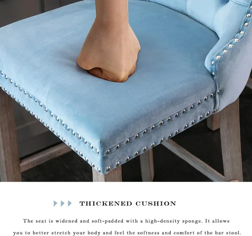 Vista 99 de SoarFlash Juego de 2 taburetes de bar tapizados de terciopelo moderno con patas de madera, botones acolchados, cabeza de clavo cromada, asiento